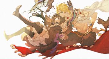 1boy 1girl :o ancient_egyptian_clothes animal animal_on_shoulder aqua_eyes back_bow black_cat black_dress black_hair black_hat black_pants black_thighhighs blonde_hair bloomers blue_gem blunt_bangs bow bracelet bracer breasts cape cat cat_on_shoulder chinese_commentary closed_mouth curtained_hair dress frilled_dress frilled_hat frilled_thighhighs frills full_body gem gloves gold_bracelet gold_necklace grabbing_another's_arm grey_shoes hat head_chain heroine_(lovebrush_chronicles) highres huasuo indian_style jewelry lars_rorschach lars_rorschach_(book_of_tales) long_hair long_sleeves looking_ahead looking_at_another lovebrush_chronicles magic_carpet medium_breasts midriff necklace off-shoulder_dress off_shoulder pants parted_bangs puffy_long_sleeves puffy_sleeves purple_bow purple_eyes purple_gloves red_gemstone shoes short_dress short_hair simple_background sitting smile thighhighs toned toned_male underwear unworn_hat unworn_headwear usekh_collar white_background white_bloomers white_cape witch_hat