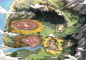 absurdres building cloud commentary_request day forest from_above glasses highres map marutenmaruten medieval mountain nature no_humans ocean outdoors road spice_and_wolf textless_version town