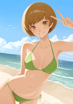 1girl bare_shoulders beach bikini bird blue_sky breasts breasts_apart brown_eyes brown_hair cloud collarbone cowboy_shot green_bikini highres looking_at_viewer medium_breasts navel ocean persona persona_4 remo_reko23 satonaka_chie seagull short_hair side-tie_bikini_bottom sky solo string_bikini swimsuit v