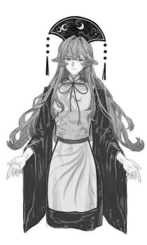 1girl belt closed_mouth commentary crescent_print cropped_legs dalachi_(headdress) dress eyelashes floral_print greyscale hair_between_eyes hair_intakes happy hat_tassel highres junko_(touhou) long_dress long_hair long_sleeves looking_at_viewer mandarin_collar monochrome neck_ribbon palms print_headwear print_tabard ribbon simple_background smile solo standing symbol-only_commentary tabard tansuyuli touhou very_long_hair wavy_hair white_background wide_sleeves