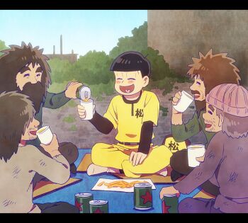 5boys alcohol baseball_cap baseball_uniform beanie beard beer beer_can black_hair blue_eyes bowl_cut bush can cardboard character_name closed_eyes cup dirty dirty_clothes disposable_cup drink_can facial_hair factory food french_fries hat heart heart_in_mouth homeless kabu_(bekka) male_focus mat matsuno_jyushimatsu messy_hair multiple_boys osomatsu-san osomatsu_(series) outdoors pouring short_sleeves slice_of_life sportswear stubble thick_eyebrows undershirt