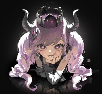 1girl absurdres black_background black_horns blush crown head_rest highres horns k_hottok long_hair looking_at_viewer master_detective_archives:_rain_code purple_eyes purple_hair reflection shinigami_(rain_code) smile solo symbol_in_eye twintails upper_body