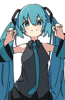 1girl absurdres aqua_eyes aqua_hair aqua_necktie auhuheben17 bare_shoulders black_skirt black_sleeves claw_pose detached_sleeves grey_shirt hair_between_eyes hair_ornament hatsune_miku highres looking_at_viewer necktie shirt skirt sleeveless sleeveless_shirt solo standing twintails upper_body vocaloid white_background
