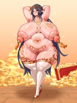 1girl armpits arms_behind_head black_hair braid breast_tattoo breasts breasts_apart brown_eyes chest_tattoo choker coin crown_braid elf fat fat_woman gigantic_breasts gloves gold_background gold_choker gold_coin gold_gloves high_heels highres huge_areolae huge_breasts huge_nipples leg_tattoo lips long_hair navel navel_piercing nipple_tassels nipples nude open_mouth original piercing plump pointy_ears pubic_tattoo pussy solo standing stomach_tattoo tassel tattoo thick_thighs thighhighs thighs tiara very_long_hair wet_tea white_thighhighs wide_hips