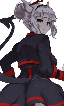 1girl alternate_costume ass black_headband black_skirt breasts demon_girl demon_horns expressionless eyebrows from_behind frown gloves headband helltaker horns looking_at_viewer looking_back lucifer_(helltaker) maid mole mole_under_eye notepad nuezou panties pantylines red_eyes red_gloves red_panties shading sideboob skirt underwear unfinished upper_body white_hair white_horns zooming_in