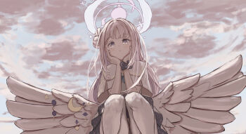 Rule 34 | 1girl, bird wings, blue archive, blue necktie, blush, closed mouth, cloud, cloudy sky, commentary request, confused, cowboy shot, crescent, day, dress, grey eyes, hair bun, hair tie, halo, hand on own cheek, hand on own face, hands on own cheeks, hands on own face, highres, knees up, kogure0012, legs, legs together, long hair, mika (blue archive), necktie, outdoors, pantyhose, petticoat, pink hair, pink halo, pink sky, purple eyes, shadow, sky, solo, squatting, star (symbol), starry sky print, white dress, white pantyhose, wings, wristband