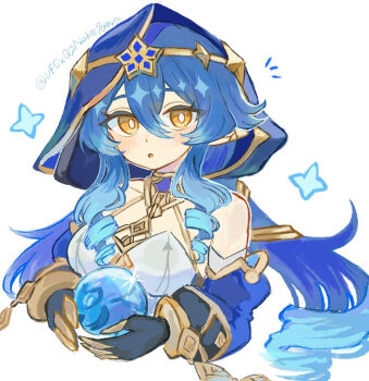 1girl bags_under_eyes bare_shoulders blue_hair blue_hood blue_sleeves blush breasts bright_pupils circlet claw_ring commentary_request detached_sleeves drill_hair drill_sidelocks genshin_impact gold_choker gold_shoes hair_between_eyes hood hood_up jewelry layla_(genshin_impact) nanase_sato neck_ring oekaki paint_chat_(medium) pointy_ears shoes sidelocks twin_drills white_background white_pupils yellow_eyes