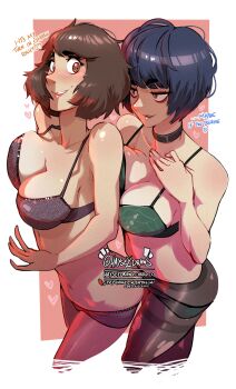 2girls absurdres black_bra black_hair black_panties blush bra breast_press breasts brown_eyes brown_hair choker english_text green_bra green_panties haysey highres kawakami_sadayo looking_at_another looking_back medium_breasts multiple_girls panties pantyhose persona persona_5 pink_background red_eyes short_hair takemi_tae underwear white_background