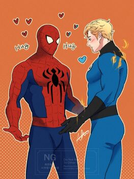 2boys ass blonde_hair blue_bodysuit blue_eyes blush bodysuit brown_hair closed_mouth commentary_request fantastic_four fire heart highres human_torch johnny_storm looking_at_another male_focus marvel mask multicolored_bodysuit multiple_boys pectorals peter_parker red_bodysuit sherlock7akane short_hair signature spider-man spider-man_(series) spider_web_print toned toned_male two-tone_bodysuit yaoi