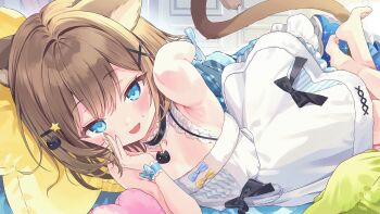 1girl absurdres animal_ears arm_behind_head armpits barefoot black_bow black_choker blue_bow blue_eyes blue_wrist_cuffs blush bow brown_hair cat_ears cat_girl cat_hair_ornament cat_tail choker collarbone commentary_request dress dress_bow feet flat_chest frilled_choker frills fur-trimmed_dress fur_trim hair_between_eyes hair_ornament hairclip hand_up head_on_pillow highres kumonoue_yumemi looking_at_viewer lying medium_hair nikuya_(nikuniku_nikuya) on_bed on_side open_mouth pillow pov_across_bed second-party_source sleeveless sleeveless_dress smile solo star-shaped_pillow star_(symbol) star_hair_ornament sweat tail virtual_youtuber white_dress wrist_bow wrist_cuffs x_hair_ornament yellow_bow yumemi_channel