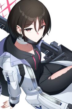 1girl absurdres backpack bag bandaged_neck bandages barbell_piercing black_hoodie black_mask black_pants blue_archive brown_hair commentary cowboy_shot ear_piercing fim-92_stinger from_above halo highres hood hooded_jacket hoodie industrial_piercing jacket kuryuu_chiaki looking_at_viewer mask mask_pull misaki_(blue_archive) mouth_mask pants piercing pink_eyes pink_halo red_eyes red_halo rocket_launcher simple_background solo surgical_mask torn_clothes torn_pants weapon white_background white_jacket