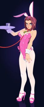 1futa absurdres animal_ear_hairband animal_ears blue_eyes breasts brown_hair bulge cleavage code_geass combos_&amp;_doodles fake_animal_ears futanari hairband high_heels highres holding holding_tray kouzuki_kallen leash leotard looking_at_viewer medium_breasts money pantyhose pink_leotard pink_nails pink_shoes playboy_bunny rabbit_ear_hairband rabbit_ears shoes short_hair solo strapless strapless_leotard tray tucked_money white_pantyhose