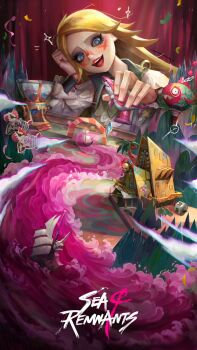 Rule 34 | 1girl, blonde hair, blue eyes, boat, fish, house, lipstick, makeup, official art, pirate costume, r.s (sea of remnants), sea of remnants, watercraft