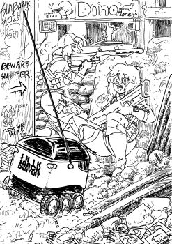 2girls absurdres assault_rifle backwards_hat baseball_cap commentary drone english_commentary english_text full_body graffiti greyscale gun handgun hat highres holding holding_gun holding_weapon machine monochrome multiple_girls open_mouth original radio_antenna rifle sandbag shabazik sitting smile teeth upper_teeth_only weapon