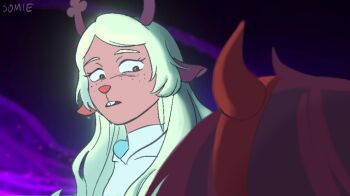 1girl 1other alien_stage animal_ears antlers blonde_hair brown_eyes commentary deer_antlers deer_ears deer_girl deltarune demon_horns english_commentary fake_horns furry furry_female hairband horn_hairband horns kris_(deltarune) looking_at_another noelle_holiday noelle_holiday_(dark_world) open_mouth red_hairband red_horns scene_reference signature smbdylsss teeth upper_teeth_only utdr_(toby_fox)