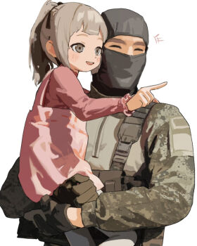 1boy 1girl balaclava black_gloves carrying carrying_person chest_rig child closed_eyes dress gloves grey_eyes grey_hair highres kok_kok_kio laughing long_sleeves military_combat_uniform military_uniform open_mouth original pantyhose pinafore_dress pink_dress pink_shirt pointing ponytail pouch shirt simple_background sleeveless sleeveless_dress smile soldier white_background white_pantyhose