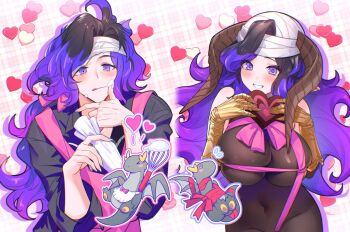 Rule 34 | 1boy, 1girl, aki663, apron, armored gloves, bandaged head, bandages, black hair, black shirt, bodystocking, box, breasts, chibi, chibi inset, covered navel, dual persona, gift, gloves, granblue fantasy, hands up, heart, heart-shaped box, holding, holding gift, holding pastry bag, holding whisk, large breasts, licking lips, orologia (female), orologia (male), pastry bag, pink apron, pink ribbon, purple eyes, purple hair, ribbon, shirt, smile, teeth, tongue, tongue out, whisk, yellow gloves