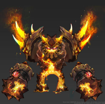 artist_name caesty character_request commentary_request company_name copyright_notice dated_commentary disembodied_hand elemental_(creature) embers english_text fire fire_elemental full_body gem glowing glowing_eyes gradient_background grey_background korean_commentary lava legs_apart looking_at_viewer nexon no_pupils official_art production_art red_eyes red_gemstone simple_background standing straight-on tales_weaver watermark web_address