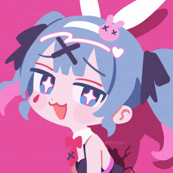 1girl animal_ears aqua_hair black_leotard blue_eyes blue_hair breasts chibi commentary facial_mark fake_animal_ears hair_ornament hatsune_miku highres leotard long_hair looking_at_viewer no_lineart open_mouth pink_background playboy_bunny rabbit_ears rabbit_hole_(vocaloid) solo teardrop_facial_mark through_wall tsui twintails vocaloid x_hair_ornament