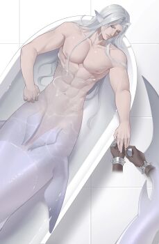 abs brown_gloves cloaca closed_eyes cloud_strife commentary english_commentary expressionless final_fantasy final_fantasy_vii fins from_above gloves grey_hair head_fins highres in_bathtub in_water jewelry long_hair male_chest merman mixed-language_commentary monster_boy monsterification navel parted_bangs pectorals pov pov_hands ring sephiroth solo_focus sunworshipluna tile_floor tiles toned toned_male topless_male upper_body
