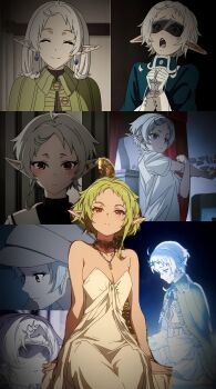 1girl ahoge bare_shoulders blue_earrings blush breasts brown_hat capelet cleavage closed_eyes closed_mouth dot_nose dress elf embarrassed female_focus fingernails glasses gloves green_capelet green_hair green_sweater hat highres jewelry long_fingernails long_skirt long_sleeves looking_at_viewer medium_breasts medium_hair miniskirt mushoku_tensei necklace no_bra open_mouth pleated_skirt pointy_ears puffy_long_sleeves puffy_sleeves red_eyes sexually_suggestive shirt short_sleeves skirt sleeveless sleeveless_dress small_breasts smile solo solo_focus stitched sweater sylphiette_(mushoku_tensei) teeth third-party_edit white_dress white_gloves white_hair white_shirt white_skirt