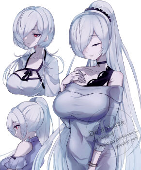 1girl absurdres alternate_hairstyle black_choker breasts choker cinderella_(nikke) closed_eyes commentary_request goddess_of_victory:_nikke grey_hair highres imawa_naki large_breasts ponytail red_eyes simple_background smile solo watermark white_background