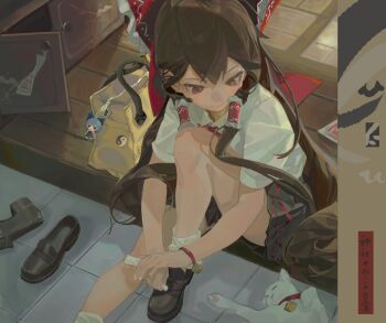 Rule 34 | 0nel606, 1girl, black skirt, bow, brown hair, cat, commentary request, hair bow, hakurei reimu, highres, light smile, loafers, long hair, pleated skirt, red eyes, school uniform, shirt, shoes, sitting, skirt, socks, solo, touhou, white cat, white shirt, white socks