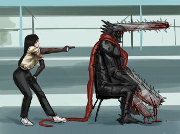 1boy 1girl arondiolex black_hair black_pants blood bloody_weapon chainsaw chainsaw_devil chainsaw_man chair finger_gun highres intestines long_hair pants sharp_teeth shirt sitting teeth this_is_america torn_clothes torn_sleeves weapon white_footwear white_shirt yoru_(chainsaw_man)