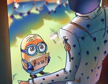 Rule 34 | 1boy, argyle clothes, argyle sweater, bob cut, bruno bucciarati, bug, colored skin, cyclops, despicable me, fkamuumu, goggles, highres, insect, jojo no kimyou na bouken, ladybug, minion (despicable me), one-eyed, polka dot, polka dot hair, sweater, vento aureo, yellow skin