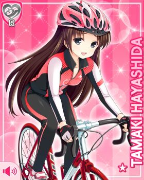 1girl :d bent_over bicycle biker_clothes bikesuit black_eyes bodysuit brown_hair card_(medium) character_name fingerless_gloves girlfriend_(kari) gloves hayashida_tamaki helmet leaning_forward long_hair looking_at_viewer official_art open_mouth pink_background qp:flapper raised_inner_eyebrows riding riding_bicycle smile solo zipper