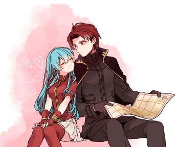 Rule 34 | 1boy, 1girl, 2025, aqua eyes, aqua hair, armor, black capelet, black pants, black shirt, boots, breastplate, breasts, brown gloves, capelet, closed mouth, commentary request, couple, eirika (fire emblem), fingerless gloves, fire emblem, fire emblem: the sacred stones, gloves, grey armor, hands on own knees, heart, hetero, high collar, highres, holding, holding map, invisible chair, long hair, long sleeves, map, map (object), miniskirt, nintendo, pants, parted bangs, pink background, red boots, red eyes, red gloves, red hair, red shirt, sayu030b, seth (fire emblem), shirt, short hair, short sleeves, shoulder armor, sitting, skirt, small breasts, thigh boots, thighhighs, twitter username, two-tone background, waiting for kiss, watermark, white background, white skirt, zettai ryouiki