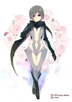 black_eyes black_gloves black_scarf black_shoes closed_mouth copyright_notice elbow_gloves flower gloves grey_hair hanare_(wixoss) leotard looking_at_viewer medium_hair official_art pink_flower sasamori_tomoe scarf shoes solo thighhighs white_leotard white_thighhighs wixoss