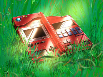 blurry blurry_foreground commentary_request day falling_leaves grass highres komukomu leaf nintendo no_humans outdoors pokedex pokemon still_life