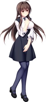 1girl ahoge black_pantyhose black_ribbon black_skirt blue_pantyhose blush bow_hairband breasts brown_eyes brown_hair casual closed_mouth collared_shirt dress_shirt floating_hair full_body game_cg hair_between_eyes hair_intakes hair_ribbon hairband high-waist_skirt highres large_breasts large_variant_set long_hair long_sleeves looking_at_viewer maishima_yuri mary_janes medium_skirt miniskirt neck_ribbon nerawareta_megami_tenshi_angel_tear non-web_source official_art pantyhose ribbon shirt shoes skirt smile solo standing straight_hair tachi-e transparent_background tsukumo_kazuita underbust variant_set very_long_hair virgin_killer_outfit white_hairband white_ribbon white_shirt wing_collar