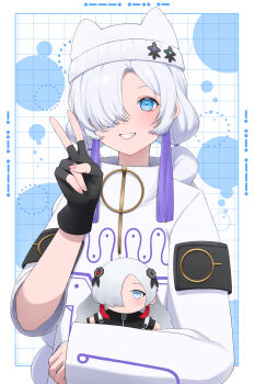 1girl absurdres alternate_hairstyle animal_ear_headwear asymmetrical_sleeves beanie black_gloves blue_eyes blush border braid cevio character_doll coat daradara_art doll fake_animal_ears fingerless_gloves gloves grey_coat grid_background grin hair_over_one_eye hand_up hat highres holding holding_doll isekaijoucho kamitsubaki_studio long_hair looking_at_viewer low_twin_braids morse_code multicolored_hair o-ring one_eye_covered outside_border purple_hair sekai_(cevio) single_fingerless_glove smile solo star_(symbol) star_in_eye streaked_hair symbol_in_eye translation_request twin_braids uneven_sleeves upper_body v white_background white_border white_hair zipper_pull_tab