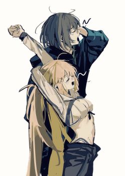 1boy 1girl ahoge artoria_caster_(fate) artoria_caster_(swimsuit_berserker)_(first_ascension)_(fate) artoria_pendragon_(fate) bikini black_jacket black_pants blonde_hair breasts closed_eyes fate/grand_order fate_(series) grey_hair highres jacket long_hair long_sleeves oberon_(fate) oberon_(moody_summer_oberon)_(fate) oberon_(third_ascension)_(fate) open_mouth pants short_hair shrug_(clothing) small_breasts ss_un17 stretching swimsuit tearing_up twintails white_bikini white_shrug yawning