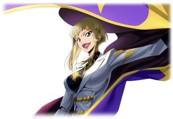 1girl arm_up artist_request asymmetrical_hair black_shirt blonde_hair braid breasts cape code_geass code_geass:_lost_stories cropped_torso female_focus forked_eyebrows game_cg grey_eyes hair_tubes happy highres jacket large_breasts lipstick long_sleeves looking_at_viewer makeup military_uniform non-web_source nonette_enneagram official_art open_mouth outstretched_arm purple_cape red_lips shirt short_hair sidelocks simple_background single_braid smile solo standing teeth tongue transparent_background two-sided_cape two-sided_fabric upper_body white_jacket