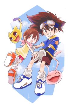 Rule 34 | blue headband, blue shirt, brother and sister, brown shorts, digimon, digimon (creature), digimon adventure, full body, goggles, goggles on head, group picture, headband, highres, koromon, medium hair, megane mochi, nyaromon, pink shorts, print shirt, shirt, short hair, shorts, siblings, simple background, sleeveless, sleeveless shirt, star (symbol), star print, yagami hikari, yagami taichi, yellow shirt