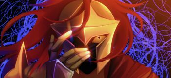 Rule 34 | 1other, ambiguous gender, armor, cape, commentary, constricted pupils, d3rlord3, english commentary, galea helmet, hand on own face, hand up, highres, looking at viewer, other focus, partially shaded face, red cape, scribble background, searching for a world that doesn't exist, shoulder armor, solo, ube cos, wide-eyed