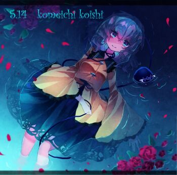 1girl afloat black_skirt buttons character_name closed_mouth collared_shirt commentary_request dated diamond_button flower frilled_shirt_collar frilled_sleeves frills full_body green_eyes grey_hair koishi_day komeiji_koishi letterboxed long_sleeves looking_at_viewer lying medium_hair no_headwear on_back partially_submerged petals red_flower red_rose rose shinjitsu_no_kuchi shirt skirt smile solo third_eye touhou water yellow_shirt