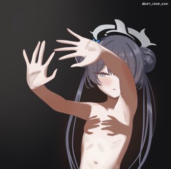 1girl armpit_crease black_hair blue_archive blush braid breasts butterfly_hair_ornament dark_background double_bun flat_chest grey_eyes grey_halo hair_bun hair_ornament halo hand_shadow_covering_breasts_(meme) highres kisaki_(blue_archive) loli long_hair meme nude outstretched_arms outstretched_hand parted_lips rehu_(mangyu) shadow simple_background solo twintails upper_body