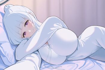 1girl absurdres bed bed_sheet blue_archive breasts commentary_request halo highres large_breasts long_hair looking_at_viewer lying mechanical_halo noa_(blue_archive) noa_(pajamas)_(blue_archive) official_alternate_costume on_bed on_side pajamas purple_eyes shinroji smile solo white_hair white_pajamas