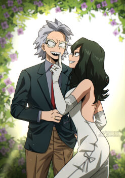 1boy 1girl boku_no_hero_academia dress effasempai green_hair highres jewelry ring tetsutetsu_tetsutetsu tokage_setsuna wedding wedding_dress wedding_ring