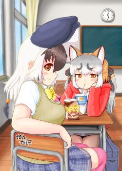 2girls animal_ears bag bat_ears bat_girl bow bowtie brown_eyes brown_hair brown_long-eared_bat_(kemono_friends) cardigan desk drink drinking_straw extra_ears fox_ears fox_girl grey_hair highres hood hoodie island_fox_(kemono_friends) kemono_friends kemono_friends_v_project long_hair looking_at_viewer mujinamori_tamakichi multiple_girls school school_bag school_desk school_uniform shirt skirt thighhighs virtual_youtuber