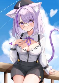 1girl ahoge animal_ear_fluff animal_ears beret black_hat black_shorts blue_sky breasts cat_ears cat_girl cat_tail cleavage cleavage_cutout closed_mouth clothing_cutout cloud commentary_request day frilled_sleeves frills glasses hair_between_eyes hand_on_own_chest hat heart highres hololive large_breasts long_sleeves looking_at_viewer medium_breasts multicolored_hair neck_ribbon nekomata_okayu nekomata_okayu_(wonderland) outdoors purple_eyes purple_hair purple_ribbon purple_streaks purple_tail railing ribbon shinonome_shino_(artist) shirt shorts sitting sky solo streaked_hair suspender_shorts suspenders swept_bangs tail virtual_youtuber white_shirt