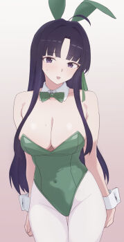1girl absurdres ahoge animal_ears awa_subaru black_hair blush bow bowtie breasts cleavage covered_navel detached_collar fake_animal_ears girls_band_cry gradient_background green_bow green_bowtie green_leotard green_ribbon hair_ribbon hanekuri_(nnainain) highres leotard long_hair open_mouth pantyhose pink_background playboy_bunny purple_eyes rabbit_ears ribbon sidelocks solo sweatdrop white_pantyhose white_wrist_cuffs wrist_cuffs