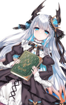 1girl absurdres black_bow blue_eyes blue_flower blue_hair blue_rose blue_wings book bow brown_dress closed_mouth commentary_request dragon_girl dragon_horns dragon_wings dress flower grey_hair highres holding holding_book horns juliet_sleeves ktsecond liber_(twinkle_star_knights) long_hair long_sleeves looking_at_viewer lying multicolored_hair on_back puffy_sleeves rose simple_background sleeves_past_wrists solo striped_bow twinkle_star_knights two-tone_hair very_long_hair white_background wide_sleeves wings