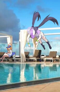 2girls ashton_hall's_morning_routine_(meme) baseball_bat baseball_cap black_socks blue_archive blue_hat blue_jacket blue_sky chair crossed_legs eyewear_on_headwear halo hat highres holding holding_baseball_bat jacket jumping kneehighs long_hair looking_at_another lounge_chair low_twintails meme midair miniskirt multiple_girls orange-tinted_eyewear orange_hair orange_halo photo_background pleated_skirt pool poolside purple_hair purple_halo purple_hat purple_shirt rei_(blue_archive) remise shirt short_sleeves sitting skirt sky socks sumire_(blue_archive) sumire_(part-time)_(blue_archive) sunglasses tinted_eyewear twintails unworn_jacket white_shirt white_skirt wristband