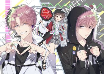 1girl absurdres bag baseball_cap black_bag black_shirt brown_eyes brown_hair closed_mouth finger_heart fukuhara_tamon hands_up hat hearing_aid highres hood hoodie jacket kinoshita_utage long_hair long_sleeves looking_at_viewer microphone official_art open_clothes open_jacket open_mouth pink_hair red_jacket running shirt shopping_bag smile tamon-kun_ima_docchi!? white_hair white_hoodie white_jacket