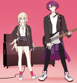 1boy 1girl absurdres belt black_belt black_jacket black_pants black_skirt blonde_hair brown_eyes clip_studio_paint_(medium) closed_mouth clothes_around_waist crop_top electric_guitar fang fang_out guitar hair_between_eyes hand_on_own_hip highres holding holding_instrument holding_microphone instrument jacket jacket_around_waist jh kana_(fura_kanato) long_sleeves microphone midriff multicolored_hair nail_polish nijisanji open_clothes open_jacket orange_hair pants purple_belt purple_eyes purple_hair purple_jacket purple_nails red_hair red_socks shoes skirt sleeves_past_wrists smile socks streaked_hair two-tone_hair virtual_youtuber watarai_hibari white_shoes